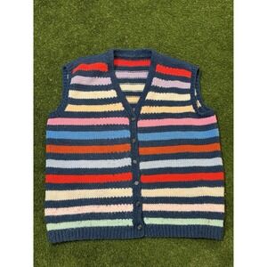 Handmade Vintage VTG Knitted Button Up Vest Multicolor Unisex Blue Red Pink